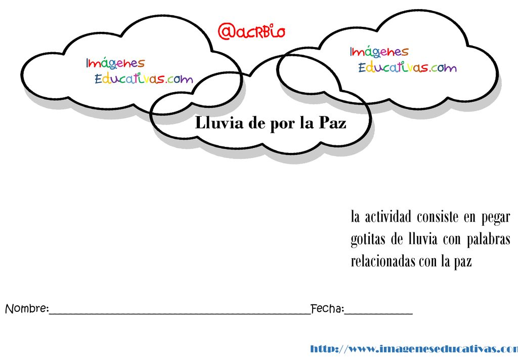 Lluvia de por la Paz la actividad consiste en pegar gotitas de lluvia con palabras relacionadas con la paz.