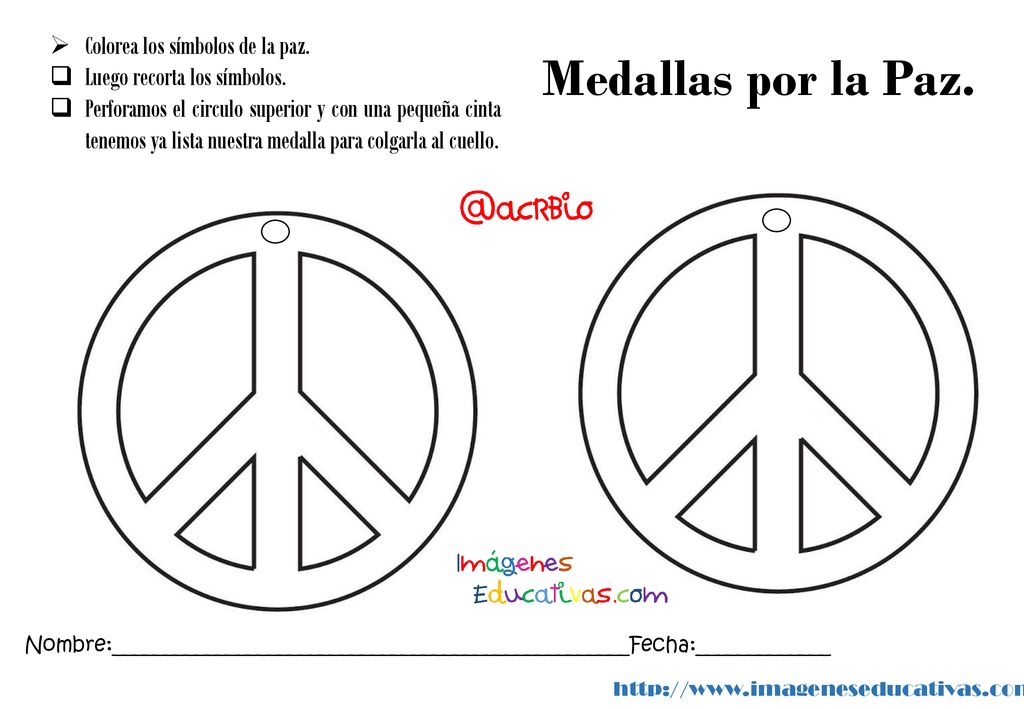 Medallas por la Paz. Colorea los símbolos de la paz.