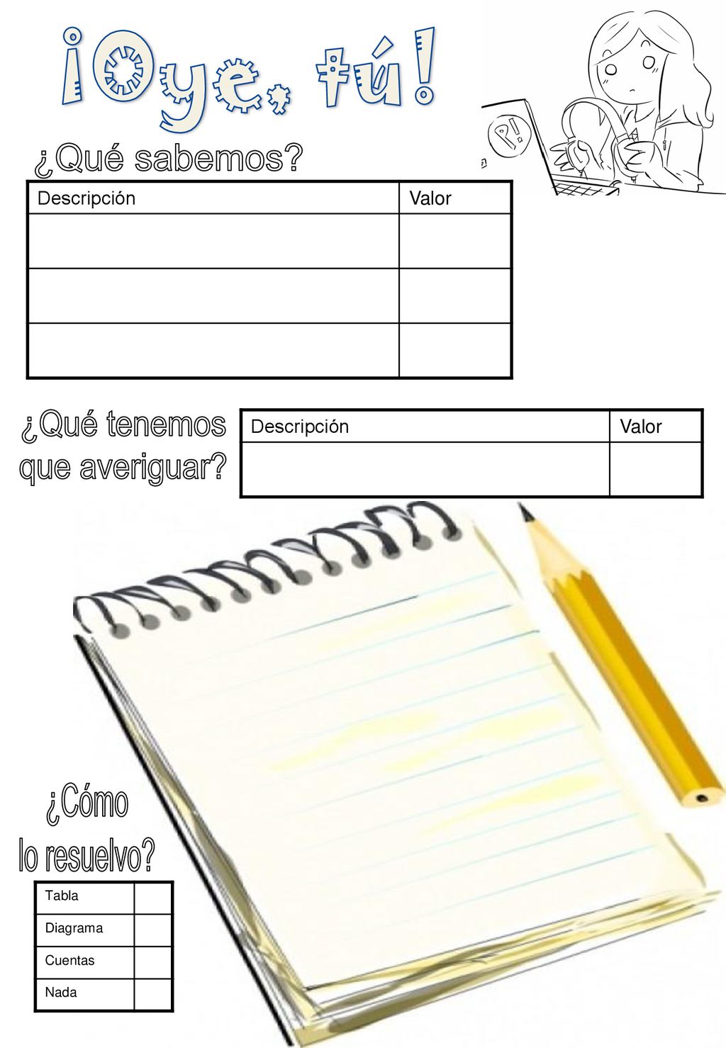 ¡Oye, tú! ¿Qué sabemos ¿Qué tenemos que averiguar ¿Cómo lo resuelvo