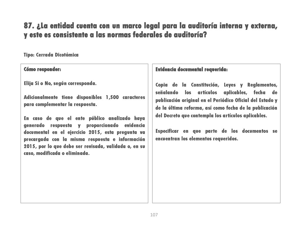 87. ¿La entidad cuenta con un marco legal para la auditoría interna y externa, y este es consistente a las normas federales de auditoría