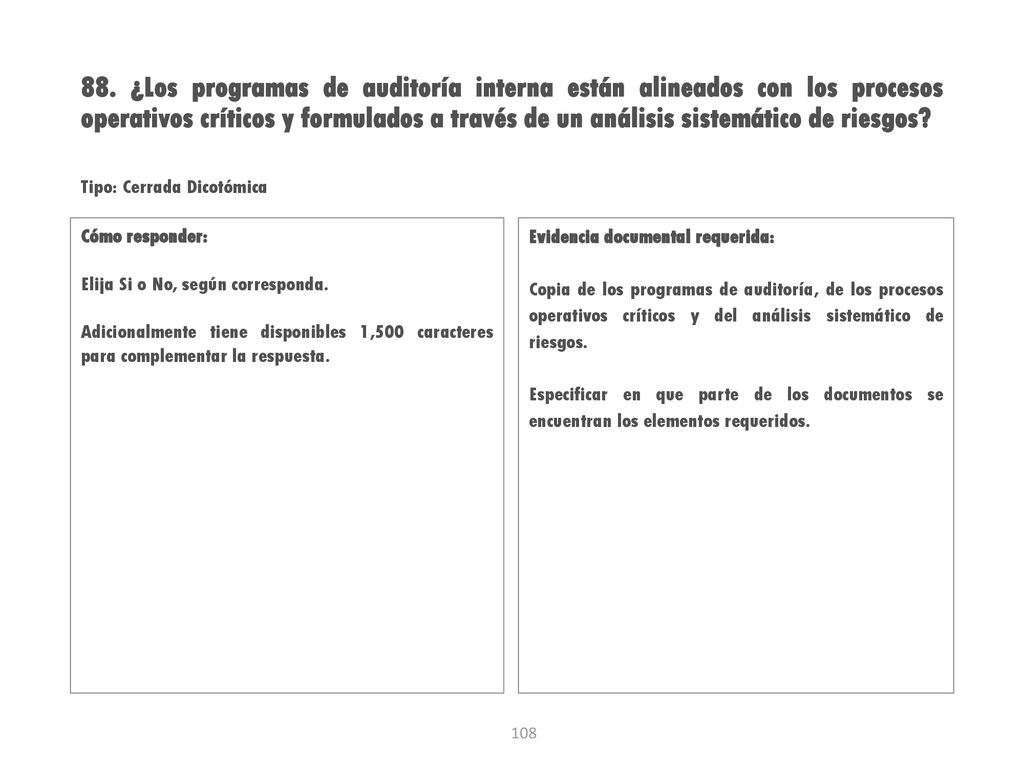 88. ¿Los programas de auditoría interna están alineados con los procesos operativos críticos y formulados a través de un análisis sistemático de riesgos