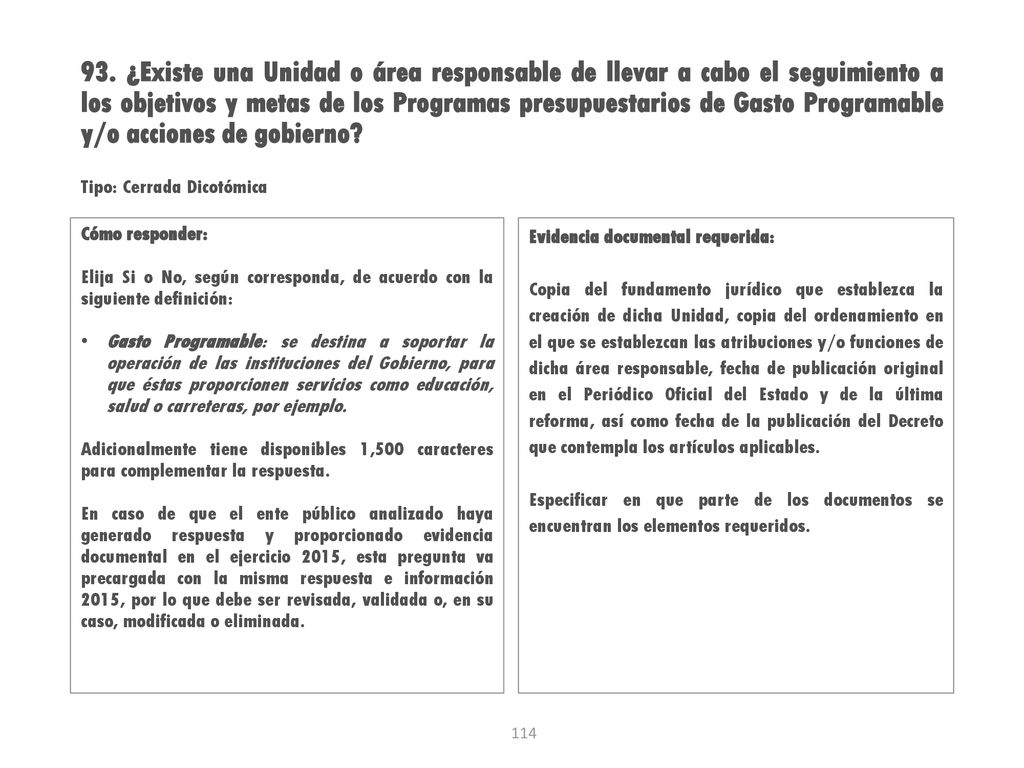 93. ¿Existe una Unidad o área responsable de llevar a cabo el seguimiento a los objetivos y metas de los Programas presupuestarios de Gasto Programable y/o acciones de gobierno