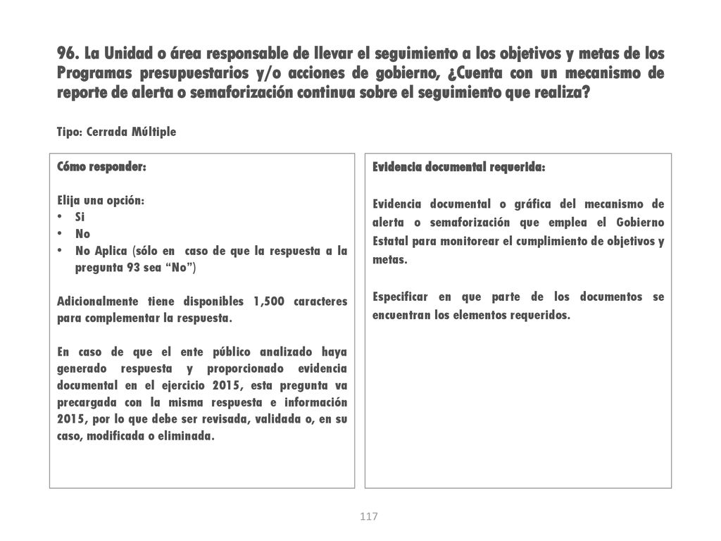 96. La Unidad o área responsable de llevar el seguimiento a los objetivos y metas de los Programas presupuestarios y/o acciones de gobierno, ¿Cuenta con un mecanismo de reporte de alerta o semaforización continua sobre el seguimiento que realiza