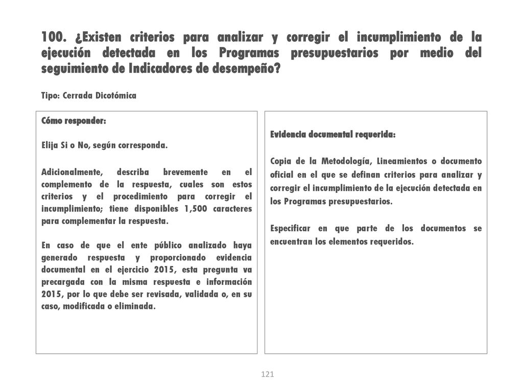 100. ¿Existen criterios para analizar y corregir el incumplimiento de la ejecución detectada en los Programas presupuestarios por medio del seguimiento de Indicadores de desempeño