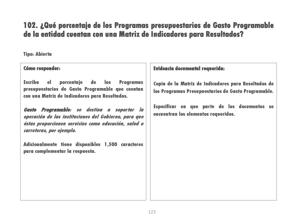 102. ¿Qué porcentaje de los Programas presupuestarios de Gasto Programable de la entidad cuentan con una Matriz de Indicadores para Resultados