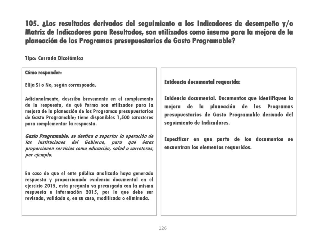 105. ¿Los resultados derivados del seguimiento a los Indicadores de desempeño y/o Matriz de Indicadores para Resultados, son utilizados como insumo para la mejora de la planeación de los Programas presupuestarios de Gasto Programable