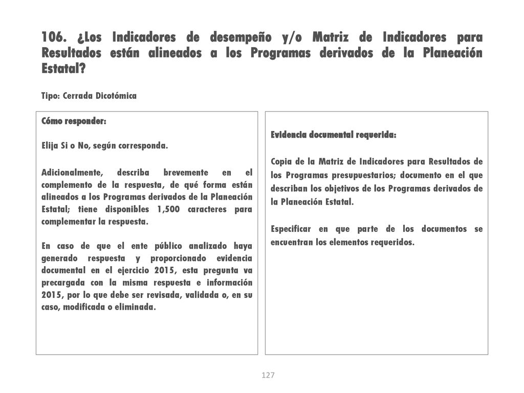 106. ¿Los Indicadores de desempeño y/o Matriz de Indicadores para Resultados están alineados a los Programas derivados de la Planeación Estatal