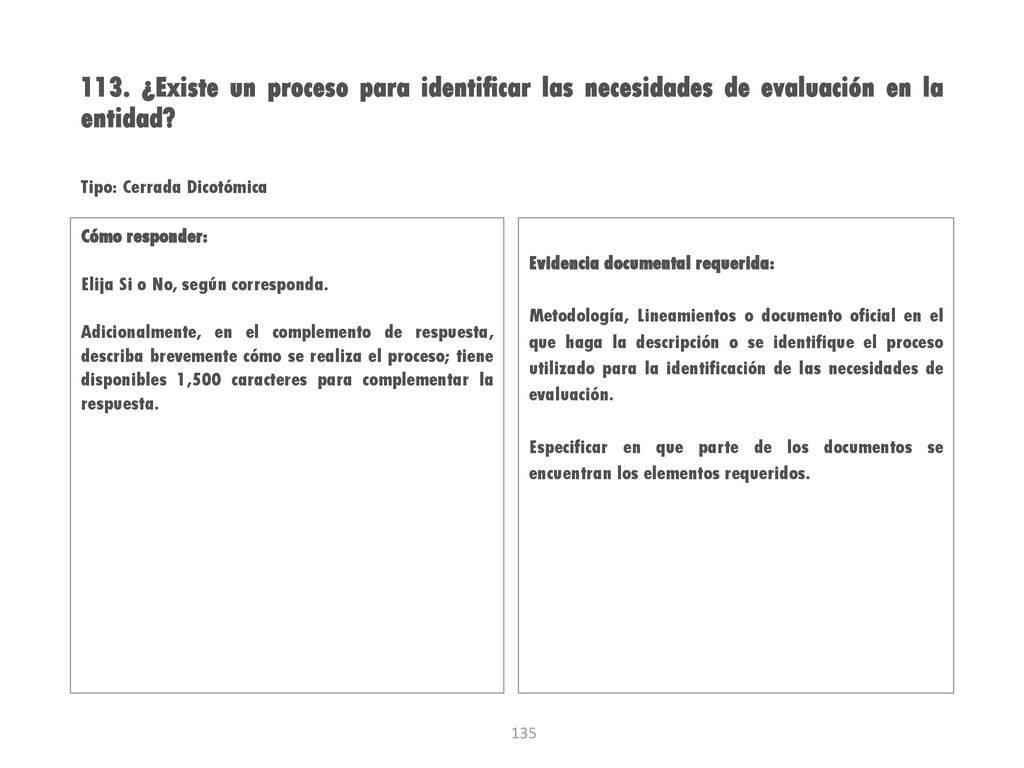 113. ¿Existe un proceso para identificar las necesidades de evaluación en la entidad