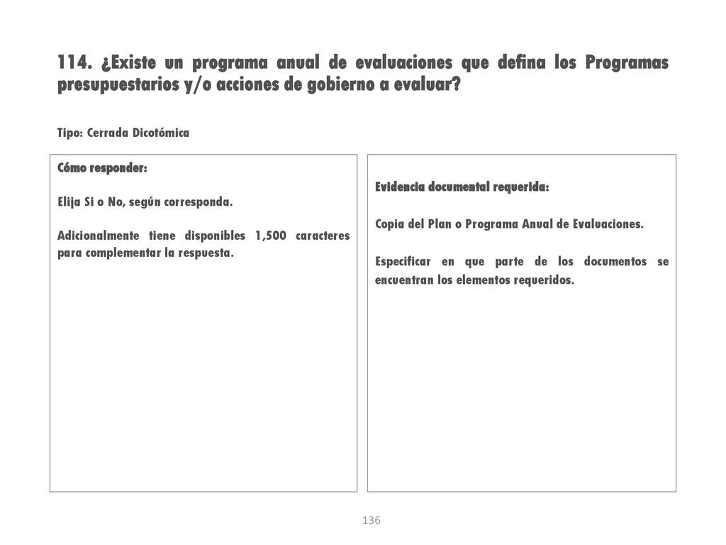 114. ¿Existe un programa anual de evaluaciones que defina los Programas presupuestarios y/o acciones de gobierno a evaluar