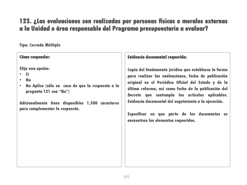123. ¿Las evaluaciones son realizadas por personas físicas o morales externas a la Unidad o área responsable del Programa presupuestario a evaluar