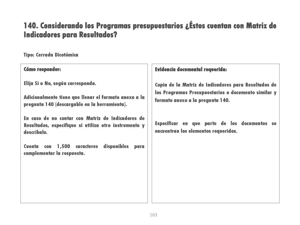 140. Considerando los Programas presupuestarios ¿Éstos cuentan con Matriz de Indicadores para Resultados