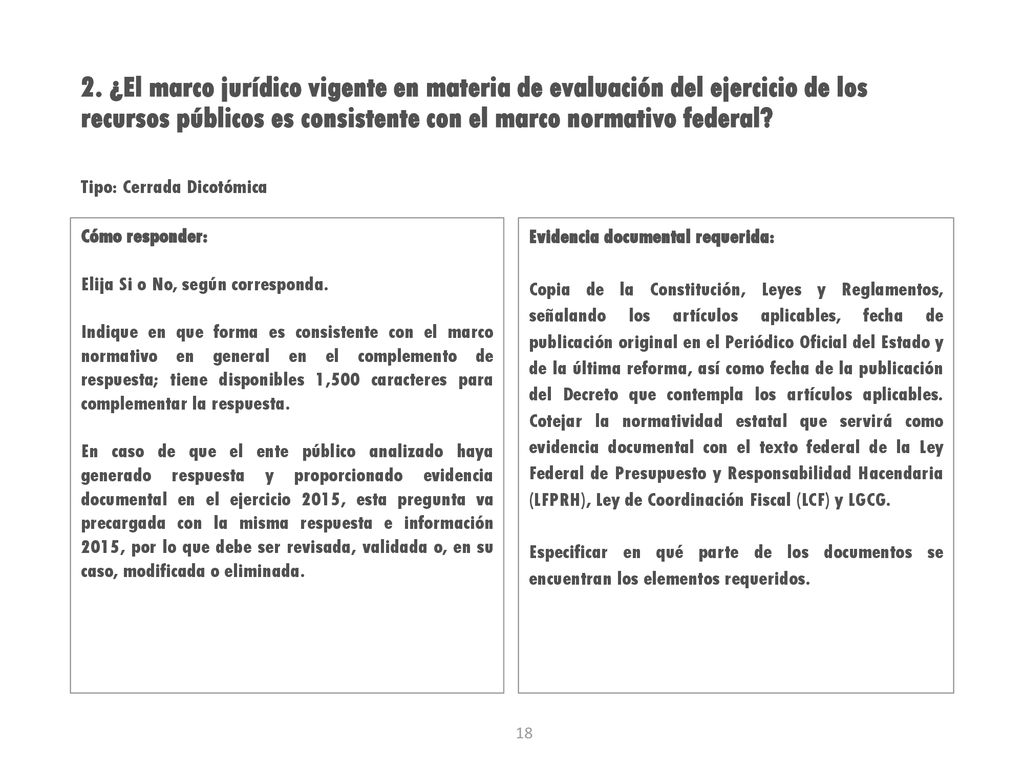 2. ¿El marco jurídico vigente en materia de evaluación del ejercicio de los recursos públicos es consistente con el marco normativo federal