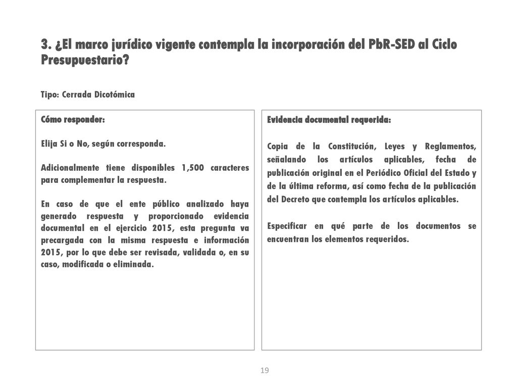 3. ¿El marco jurídico vigente contempla la incorporación del PbR-SED al Ciclo Presupuestario