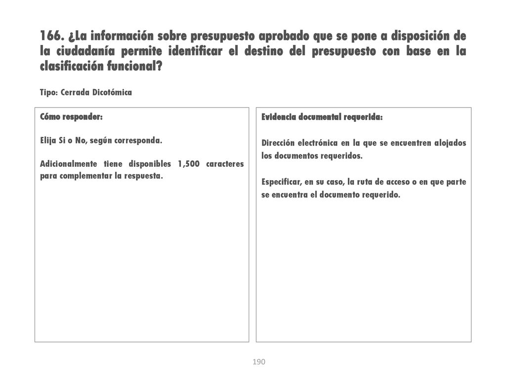 166. ¿La información sobre presupuesto aprobado que se pone a disposición de la ciudadanía permite identificar el destino del presupuesto con base en la clasificación funcional