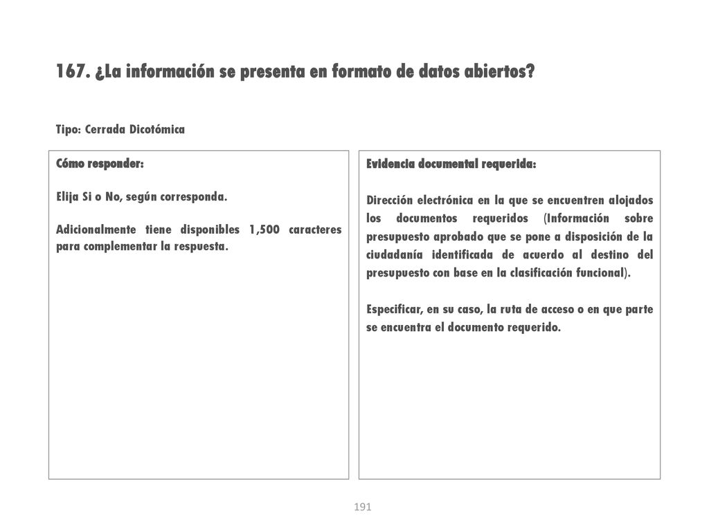 167. ¿La información se presenta en formato de datos abiertos