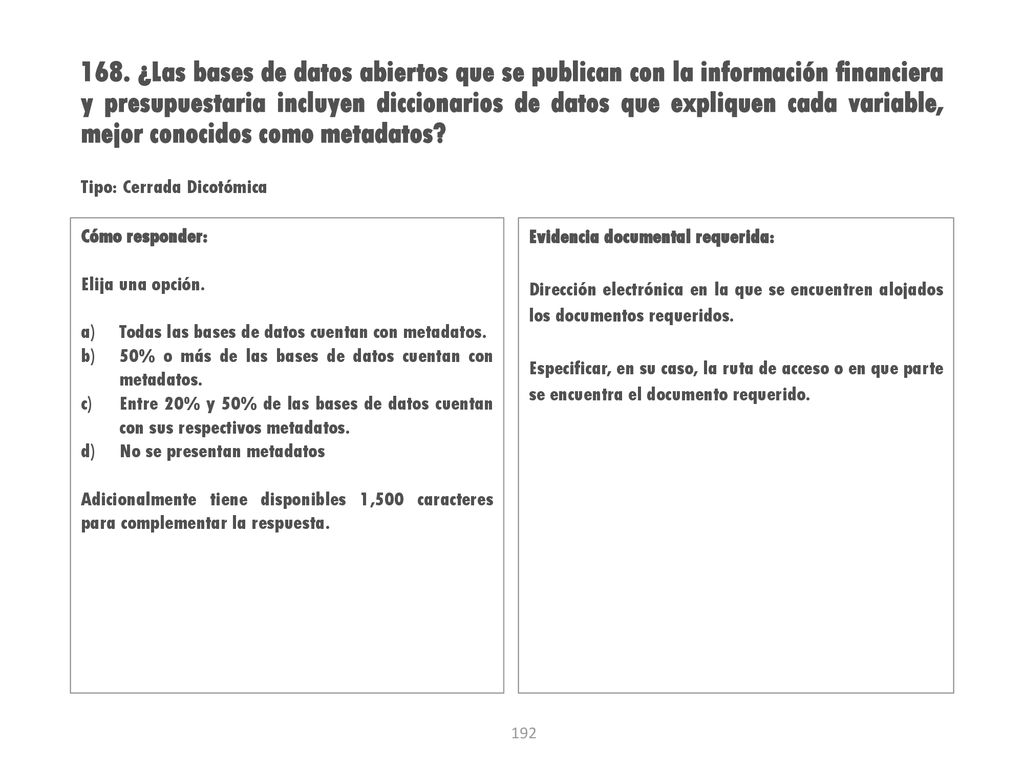 168. ¿Las bases de datos abiertos que se publican con la información financiera y presupuestaria incluyen diccionarios de datos que expliquen cada variable, mejor conocidos como metadatos