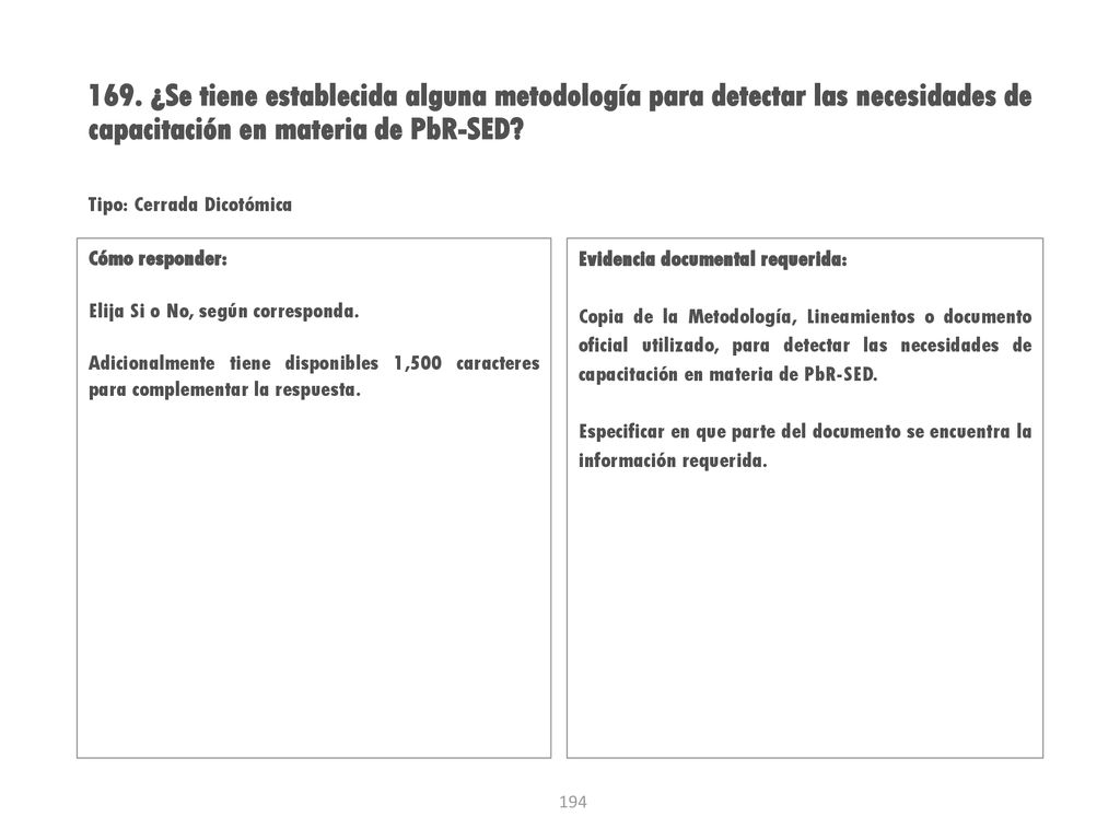 169. ¿Se tiene establecida alguna metodología para detectar las necesidades de capacitación en materia de PbR-SED