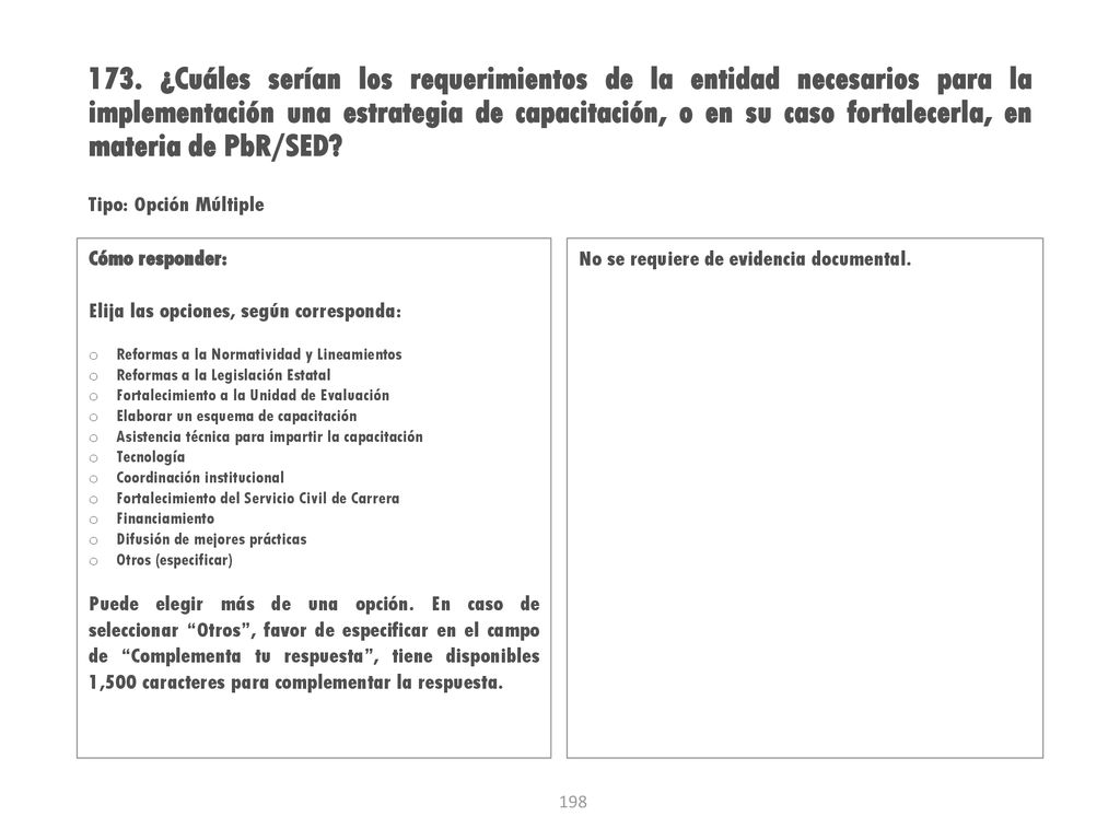 173. ¿Cuáles serían los requerimientos de la entidad necesarios para la implementación una estrategia de capacitación, o en su caso fortalecerla, en materia de PbR/SED