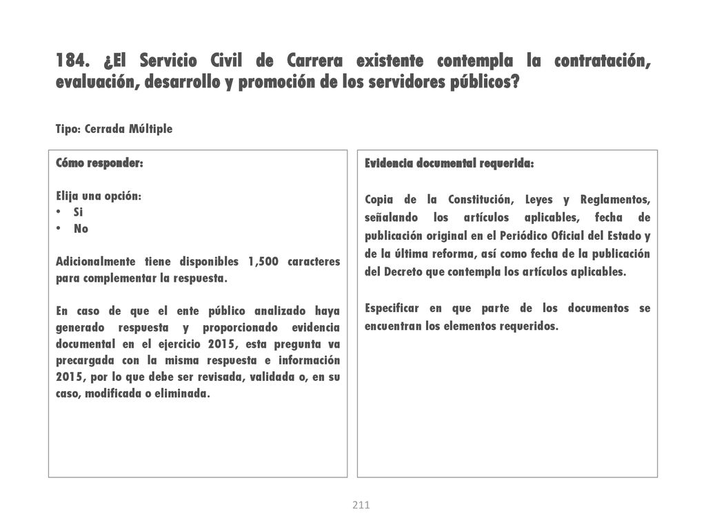 184. ¿El Servicio Civil de Carrera existente contempla la contratación, evaluación, desarrollo y promoción de los servidores públicos