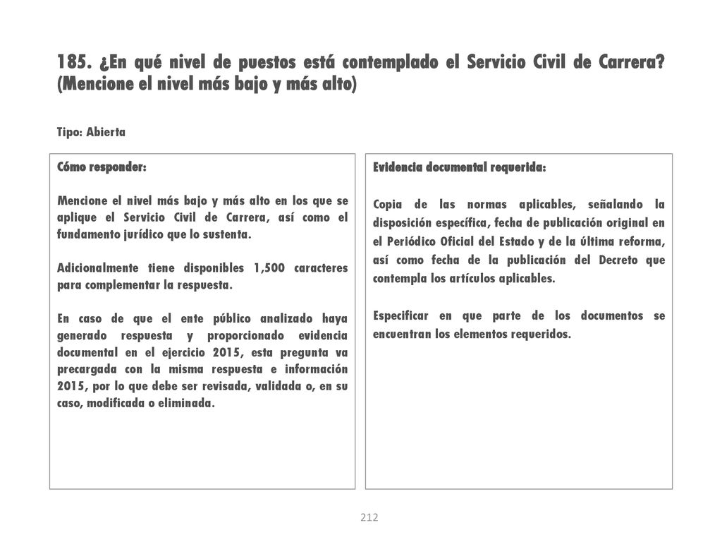 185. ¿En qué nivel de puestos está contemplado el Servicio Civil de Carrera (Mencione el nivel más bajo y más alto)