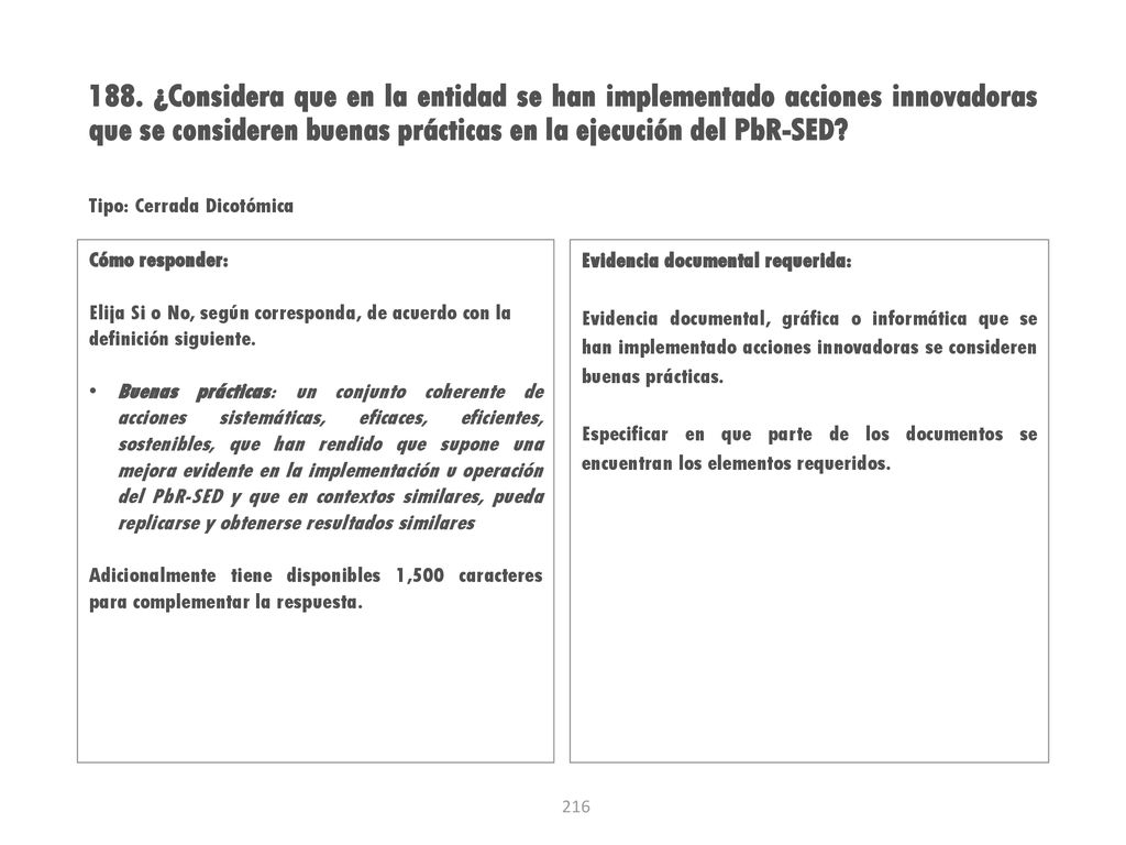 188. ¿Considera que en la entidad se han implementado acciones innovadoras que se consideren buenas prácticas en la ejecución del PbR-SED