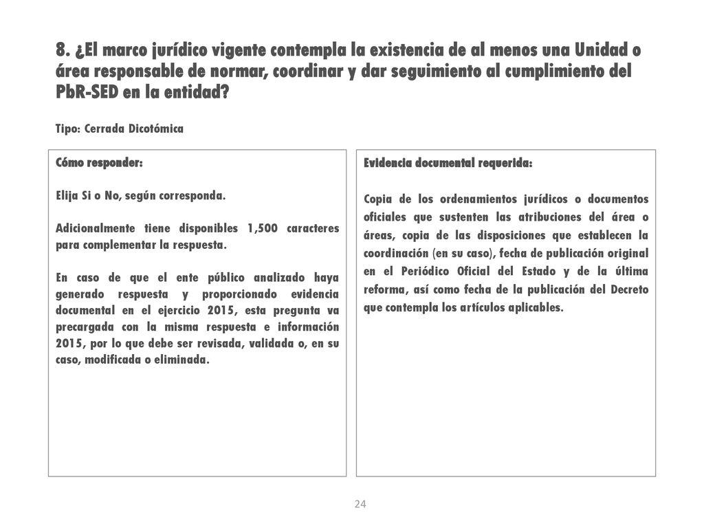8. ¿El marco jurídico vigente contempla la existencia de al menos una Unidad o área responsable de normar, coordinar y dar seguimiento al cumplimiento del PbR-SED en la entidad