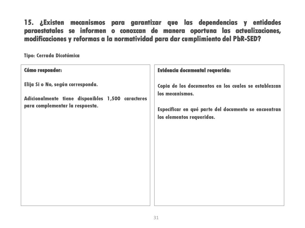 15. ¿Existen mecanismos para garantizar que las dependencias y entidades paraestatales se informen o conozcan de manera oportuna las actualizaciones, modificaciones y reformas a la normatividad para dar cumplimiento del PbR-SED