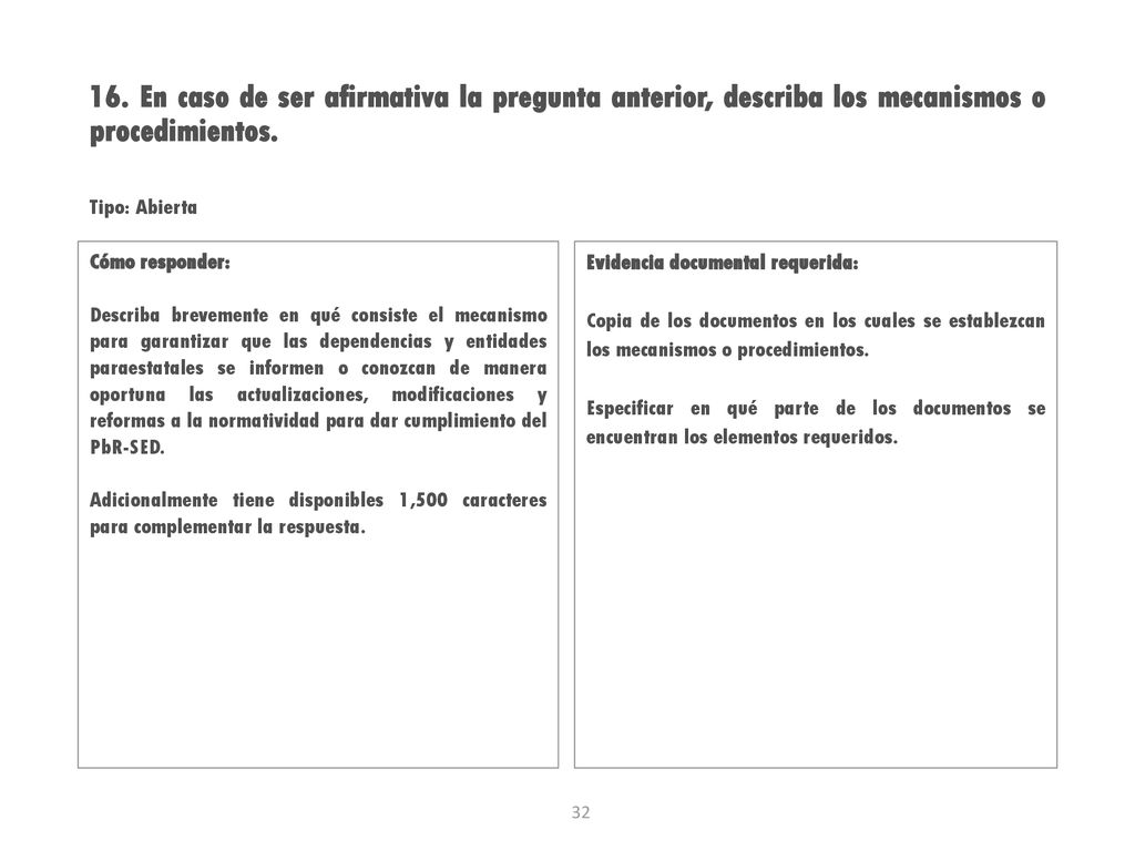 16. En caso de ser afirmativa la pregunta anterior, describa los mecanismos o procedimientos.