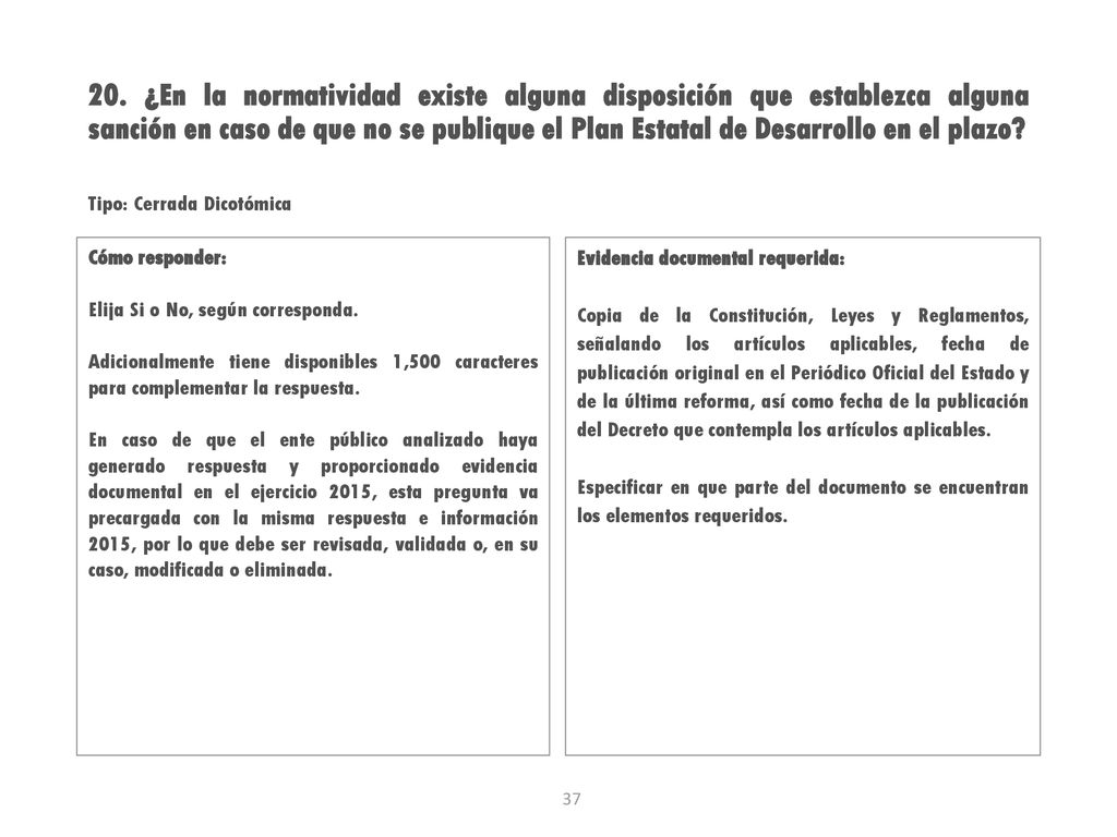 20. ¿En la normatividad existe alguna disposición que establezca alguna sanción en caso de que no se publique el Plan Estatal de Desarrollo en el plazo