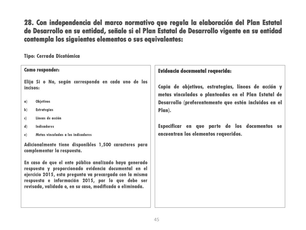 28. Con independencia del marco normativo que regula la elaboración del Plan Estatal de Desarrollo en su entidad, señale si el Plan Estatal de Desarrollo vigente en su entidad contempla los siguientes elementos o sus equivalentes: