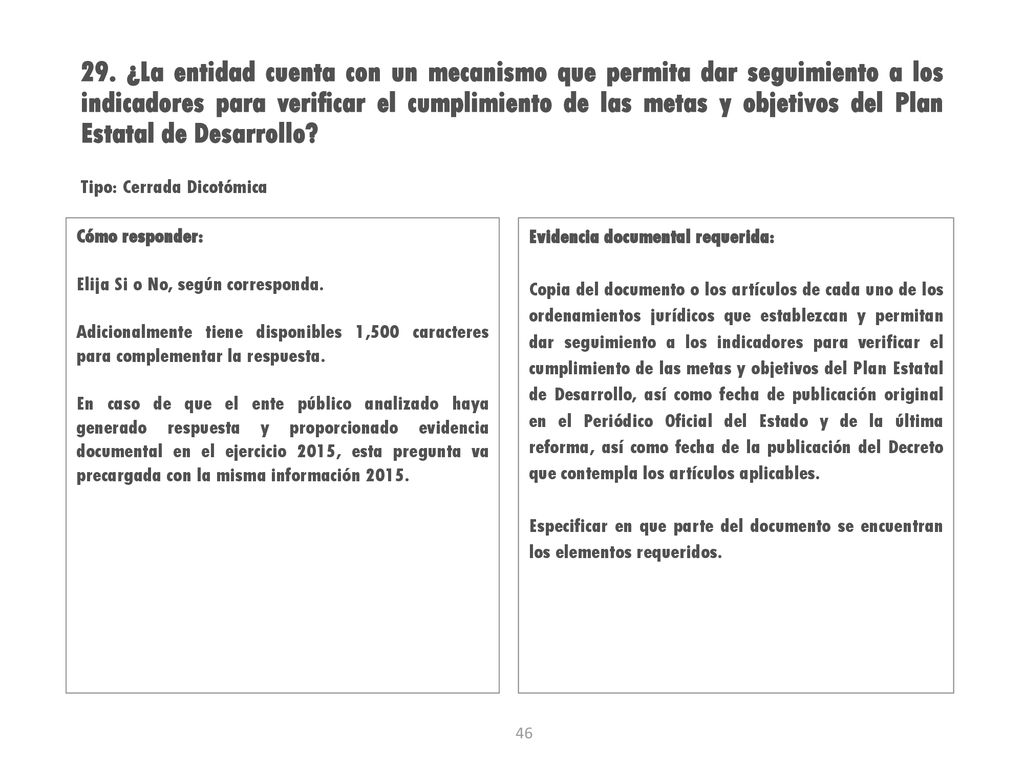 29. ¿La entidad cuenta con un mecanismo que permita dar seguimiento a los indicadores para verificar el cumplimiento de las metas y objetivos del Plan Estatal de Desarrollo