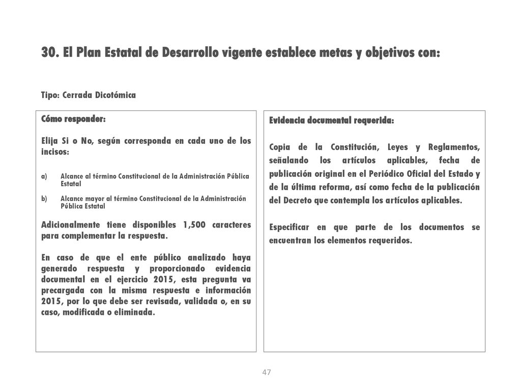 30. El Plan Estatal de Desarrollo vigente establece metas y objetivos con:
