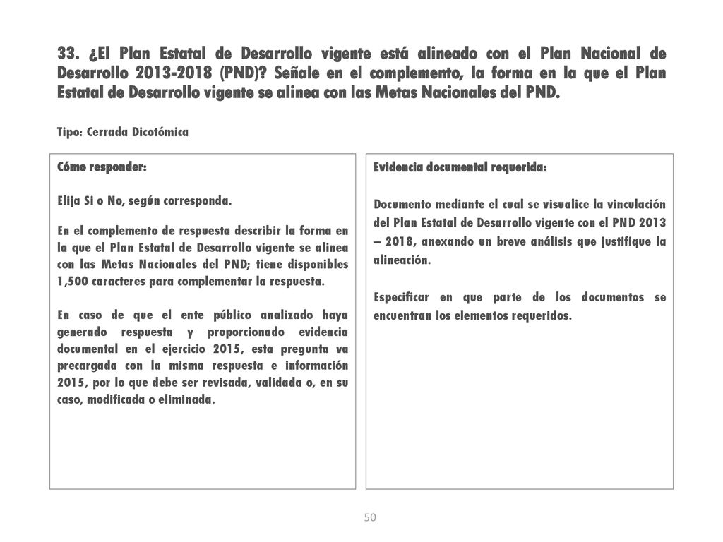 33. ¿El Plan Estatal de Desarrollo vigente está alineado con el Plan Nacional de Desarrollo (PND) Señale en el complemento, la forma en la que el Plan Estatal de Desarrollo vigente se alinea con las Metas Nacionales del PND.