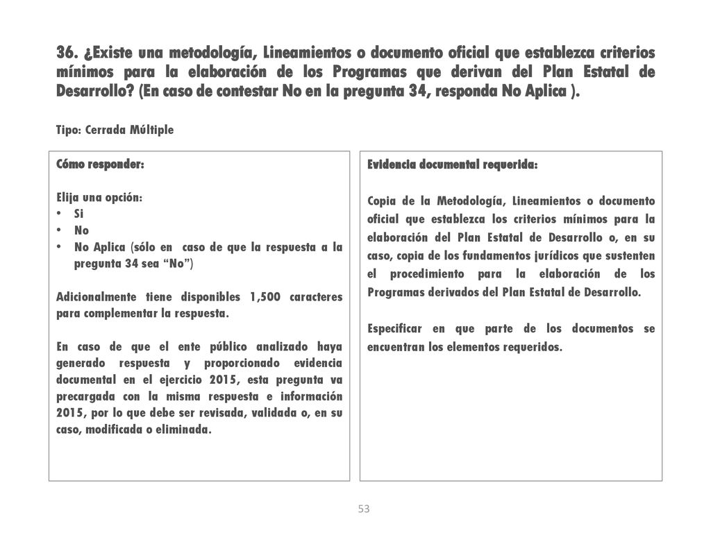 36. ¿Existe una metodología, Lineamientos o documento oficial que establezca criterios mínimos para la elaboración de los Programas que derivan del Plan Estatal de Desarrollo (En caso de contestar No en la pregunta 34, responda No Aplica ).
