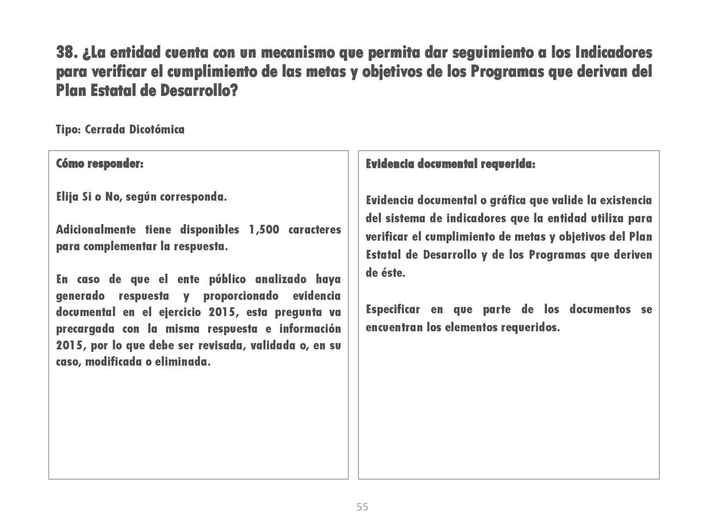 38. ¿La entidad cuenta con un mecanismo que permita dar seguimiento a los Indicadores para verificar el cumplimiento de las metas y objetivos de los Programas que derivan del Plan Estatal de Desarrollo