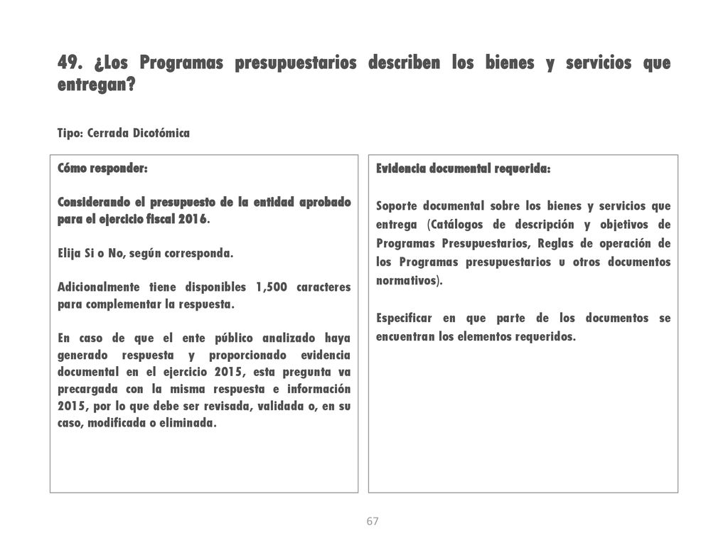 49. ¿Los Programas presupuestarios describen los bienes y servicios que entregan