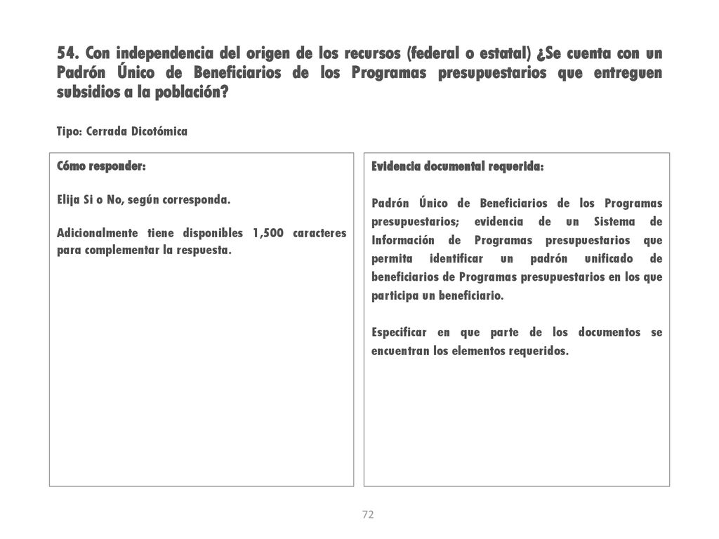 54. Con independencia del origen de los recursos (federal o estatal) ¿Se cuenta con un Padrón Único de Beneficiarios de los Programas presupuestarios que entreguen subsidios a la población