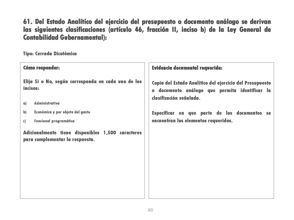 61. Del Estado Analítico del ejercicio del presupuesto o documento análogo se derivan las siguientes clasificaciones (artículo 46, fracción II, inciso b) de la Ley General de Contabilidad Gubernamental):