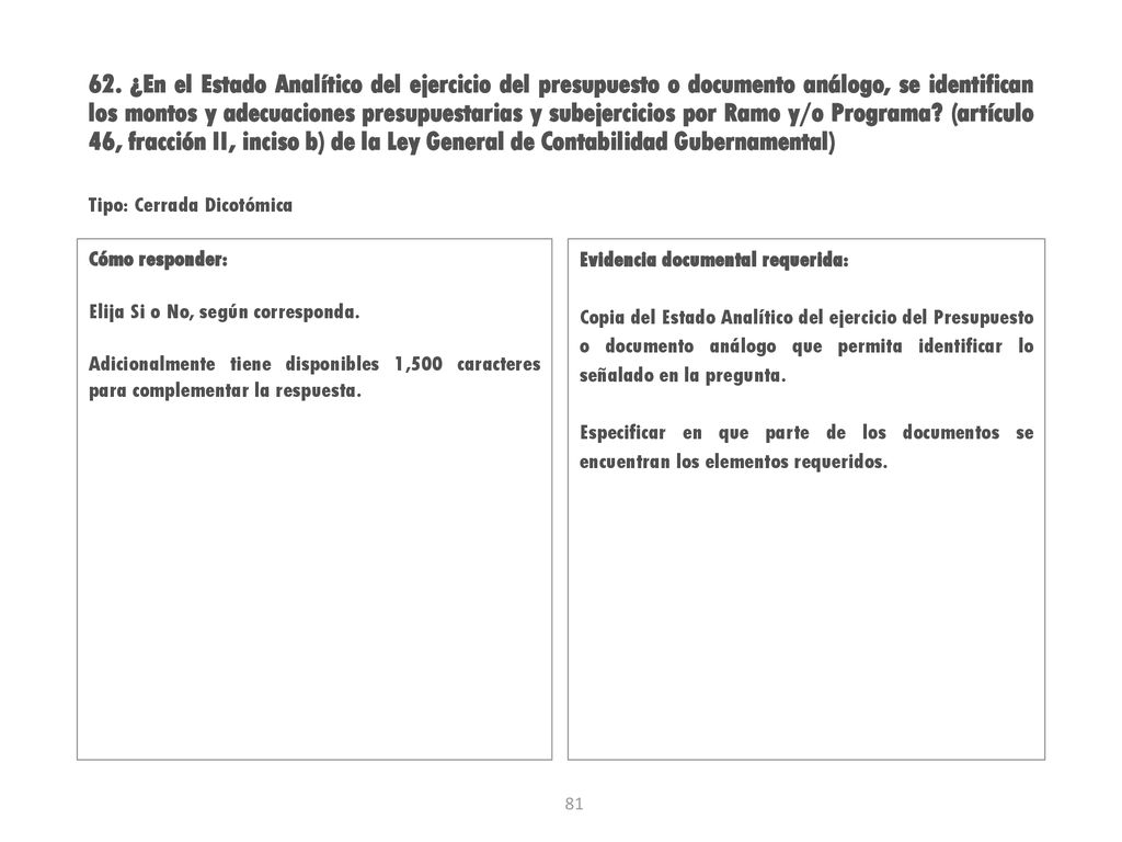 62. ¿En el Estado Analítico del ejercicio del presupuesto o documento análogo, se identifican los montos y adecuaciones presupuestarias y subejercicios por Ramo y/o Programa (artículo 46, fracción II, inciso b) de la Ley General de Contabilidad Gubernamental)
