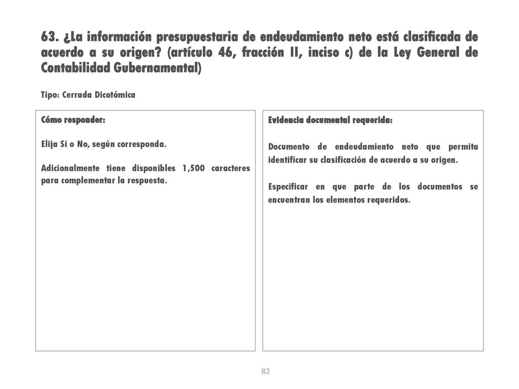 63. ¿La información presupuestaria de endeudamiento neto está clasificada de acuerdo a su origen (artículo 46, fracción II, inciso c) de la Ley General de Contabilidad Gubernamental)