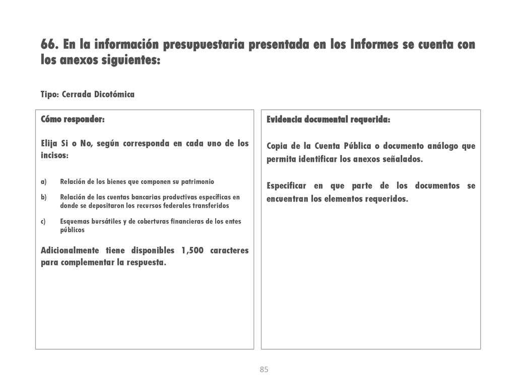 66. En la información presupuestaria presentada en los Informes se cuenta con los anexos siguientes:
