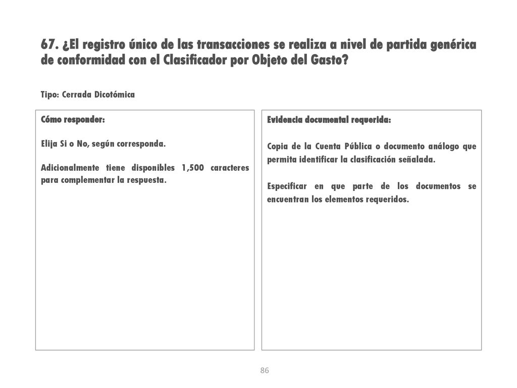 67. ¿El registro único de las transacciones se realiza a nivel de partida genérica de conformidad con el Clasificador por Objeto del Gasto