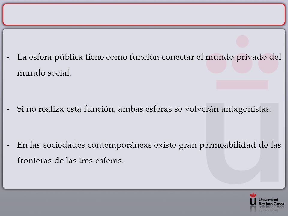 - La esfera pública tiene como función conectar el mundo privado del mundo social.