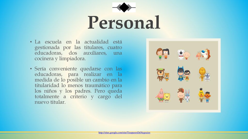 Personal La escuela en la actualidad está gestionada por las titulares, cuatro educadoras, dos auxiliares, una cocinera y limpiadora.