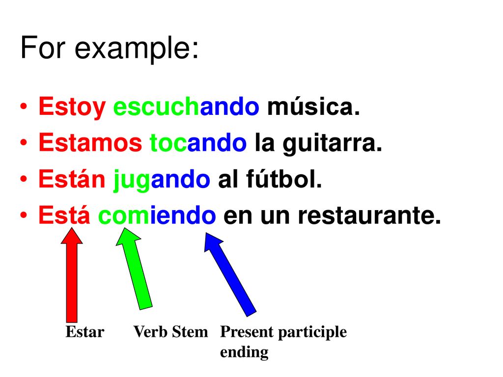 For example: Estoy escuchando música. Estamos tocando la guitarra.