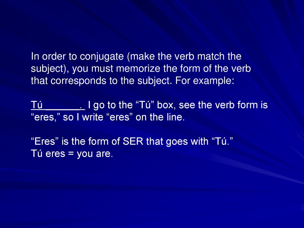 In order to conjugate (make the verb match the subject), you must memorize the form of the verb that corresponds to the subject. For example: