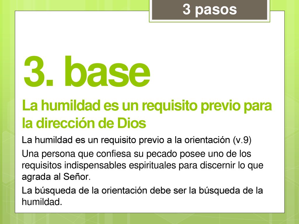 3 pasos 3. base. La humildad es un requisito previo para la dirección de Dios. La humildad es un requisito previo a la orientación (v.9)