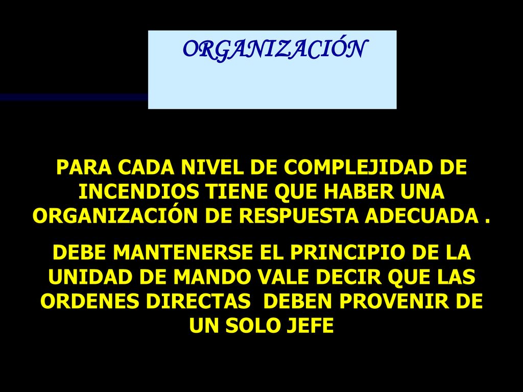 ORGANIZACIÓN PARA CADA NIVEL DE COMPLEJIDAD DE INCENDIOS TIENE QUE HABER UNA ORGANIZACIÓN DE RESPUESTA ADECUADA .