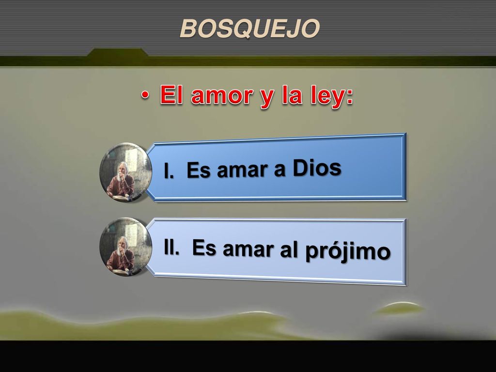 BOSQUEJO El amor y la ley: I. Es amar a Dios II. Es amar al prójimo