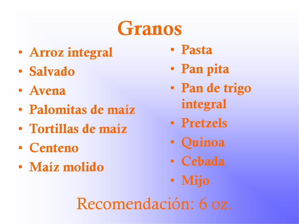 Granos Recomendación: 6 oz. Pasta Arroz integral Pan pita Salvado